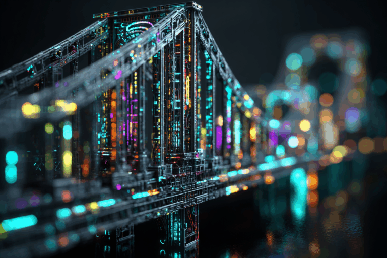 A modern digital bridge made of glowing code_and data