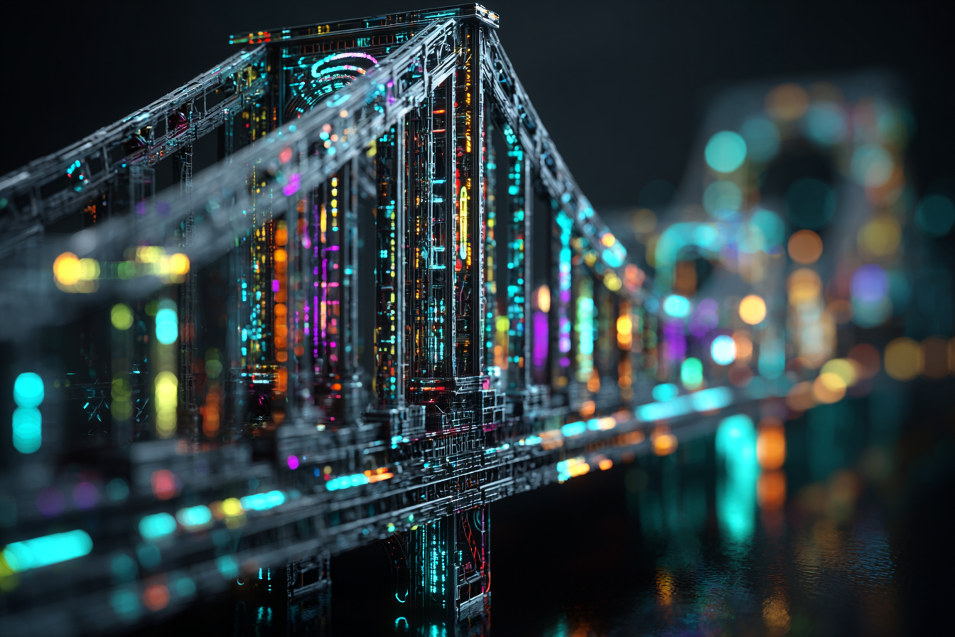 A modern digital bridge made of glowing code_and data