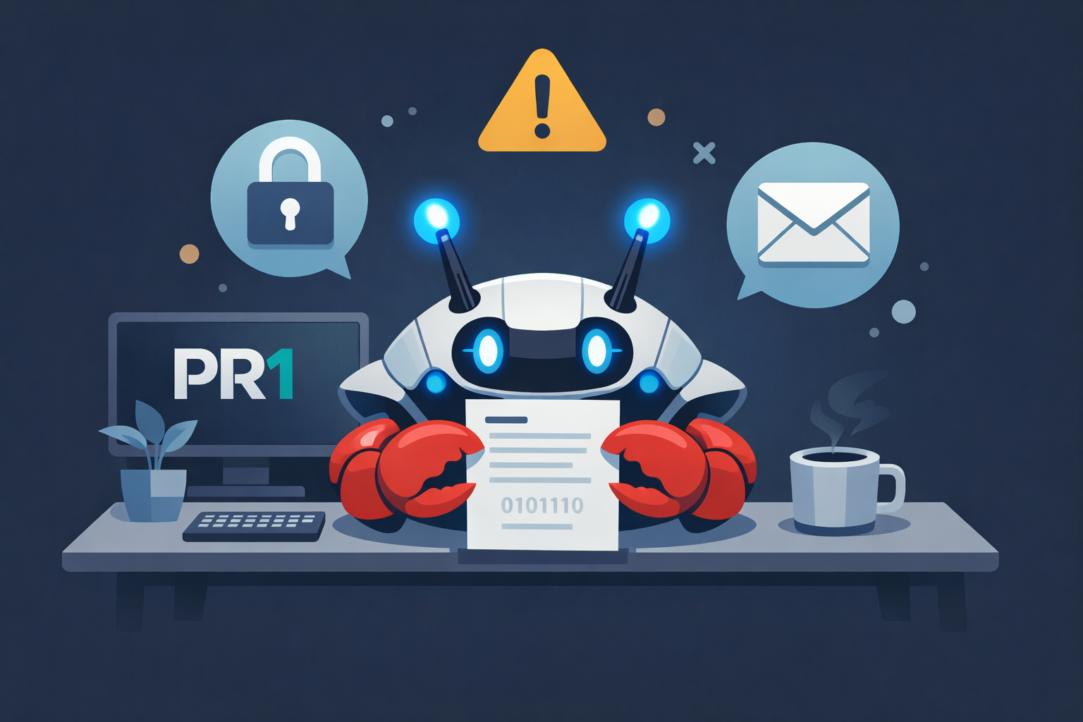 „Flache, digitale Illustration eines krabbenartigen KI-Roboters mit roten Scheren an einem minimalistischen Schreibtisch. Er hält ein Dokument, hat leuchtend blaue Antennen, und auf dem Monitor links ist dezent das PR1-Logo zu sehen. Um ihn schweben Symbole für Sicherheit (Schloss), Warnung und E-Mail vor einem dunklen, ruhigen Hintergrund.