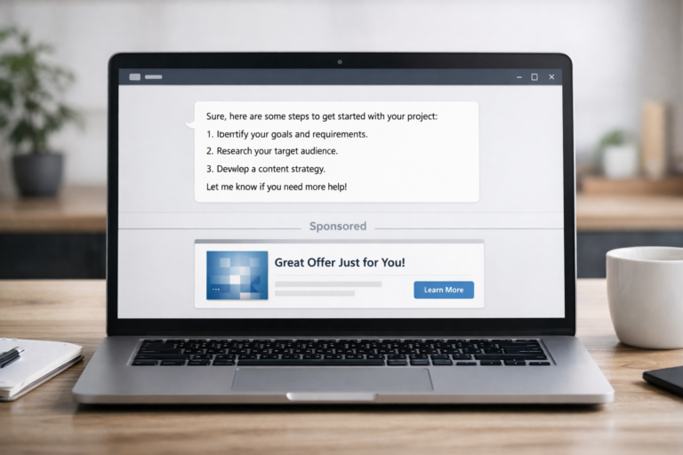 Laptop mit KI-Chatoberfläche, unter einer Antwort erscheint ein klar gekennzeichneter Werbeblock – Visualisierung von Werbung in ChatGPT.