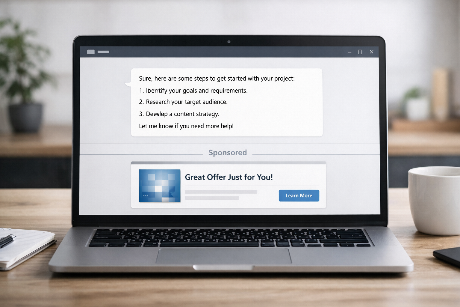 Laptop mit KI-Chatoberfläche, unter einer Antwort erscheint ein klar gekennzeichneter Werbeblock – Visualisierung von Werbung in ChatGPT.