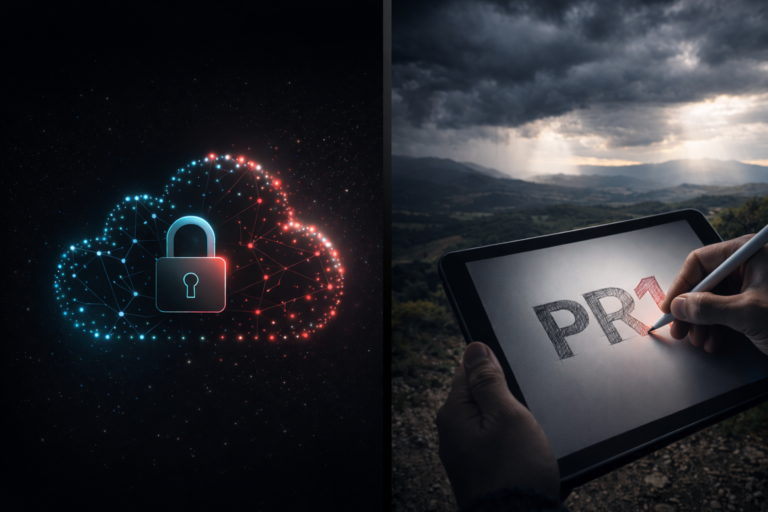 Geteiltes 16:9-Keyvisual: Links auf dunklem anthrazitfarbenem Hintergrund eine abstrakte KI-Cloud aus leuchtenden Punkten und Linien mit geöffnetem Schloss-Symbol. Rechts draußen in dramatischer Landschaft mit Gewitterwolken zeichnet eine Hand auf einem Tablet das PR1-Logo mit einem Stift.