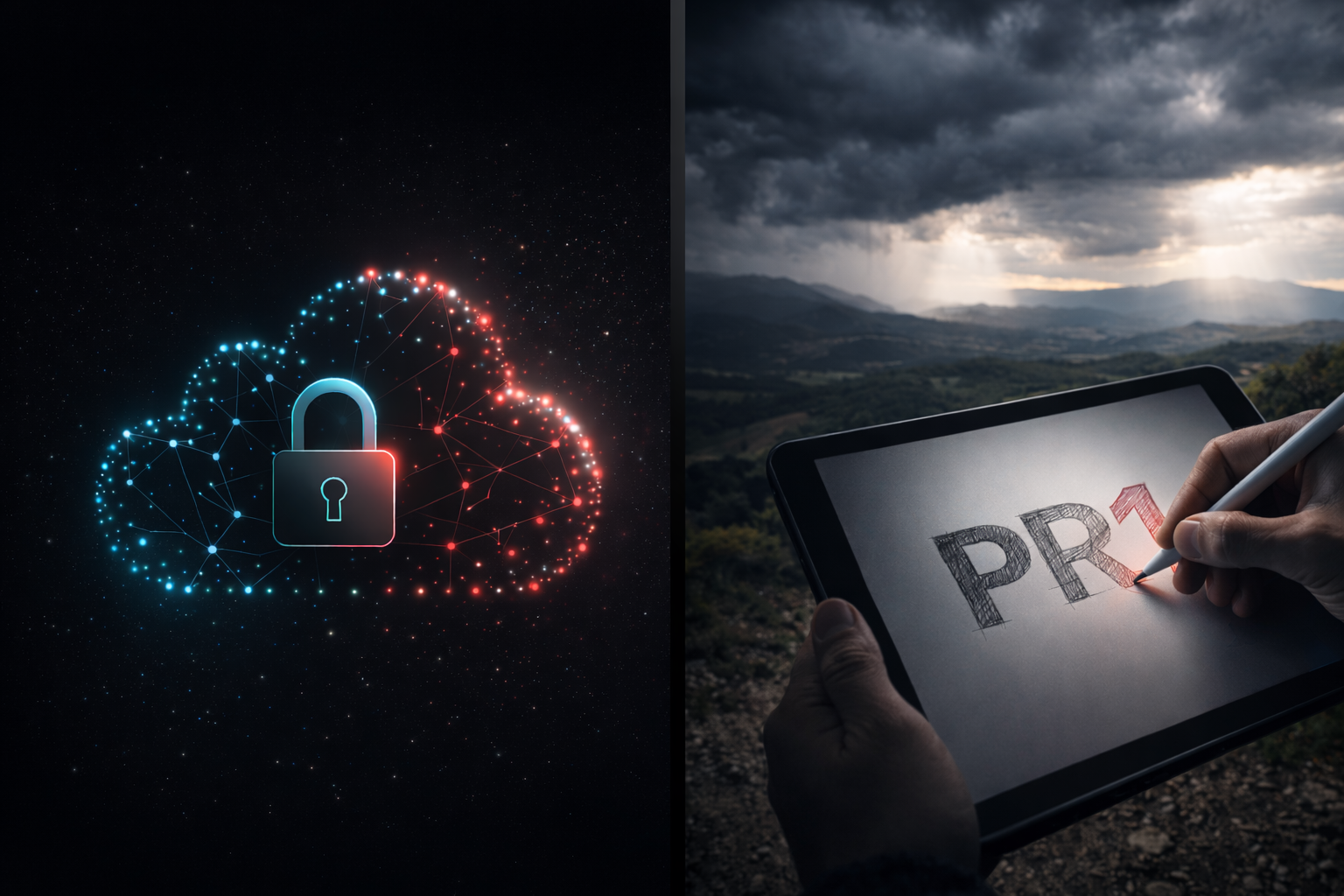 Geteiltes 16:9-Keyvisual: Links auf dunklem anthrazitfarbenem Hintergrund eine abstrakte KI-Cloud aus leuchtenden Punkten und Linien mit geöffnetem Schloss-Symbol. Rechts draußen in dramatischer Landschaft mit Gewitterwolken zeichnet eine Hand auf einem Tablet das PR1-Logo mit einem Stift.