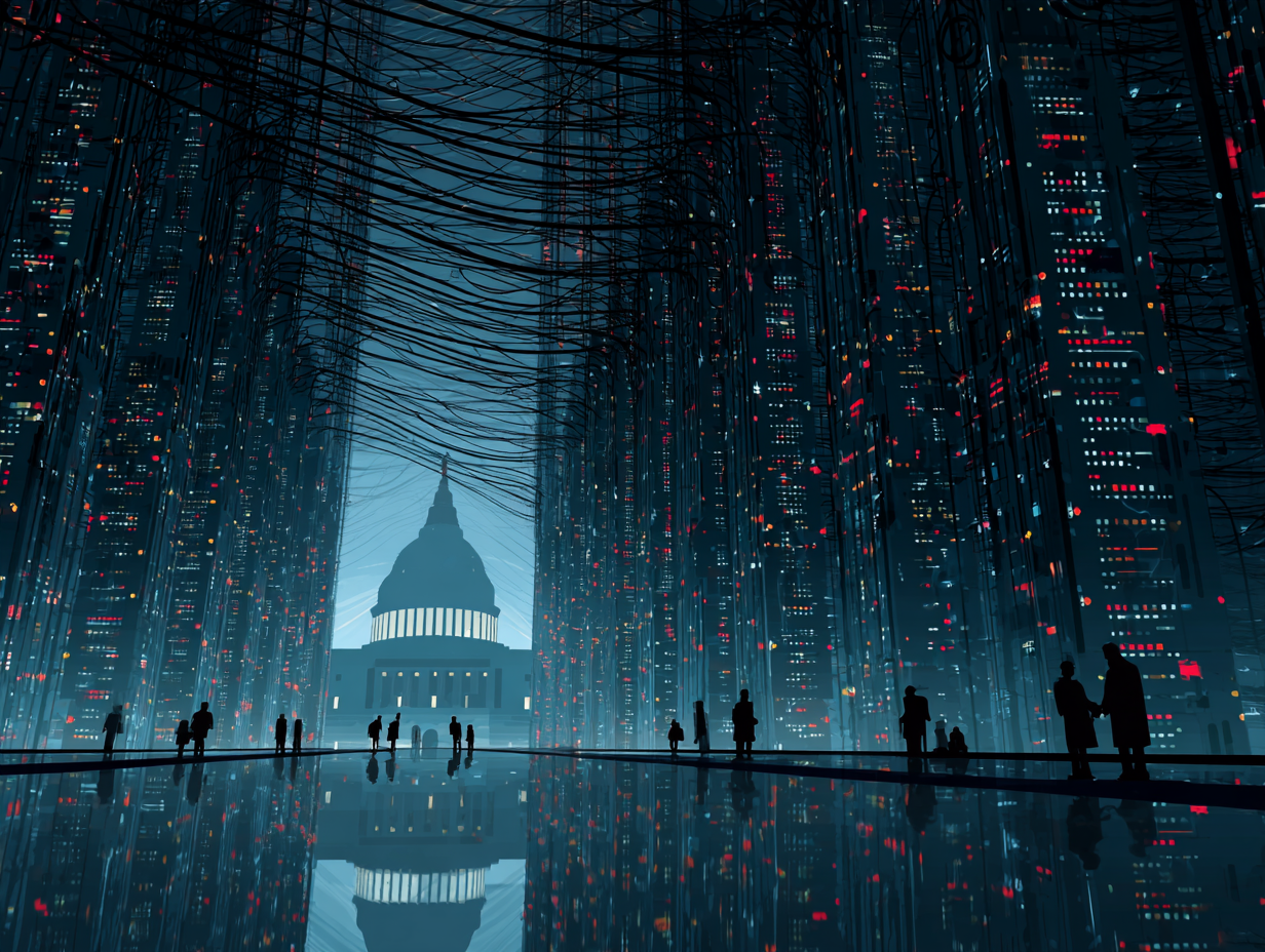 Dunkles, futuristisches Bild mit hohen, serverartigen Türmen und einem dichten Netz schwarzer Kabel über einer glänzenden Fläche; im Hintergrund steht die Silhouette eines kuppelartigen Regierungsgebäudes, während kleine Menschenfiguren am Rand die Größenverhältnisse und die Dominanz der technischen Infrastruktur betonen.