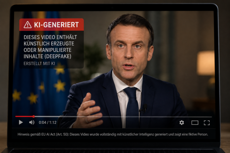 KI-generiertes Symbolbild eines fiktiven Mannes in einem realistisch wirkenden Video mit sichtbarer Kennzeichnung als künstlich erzeugter Deepfake.