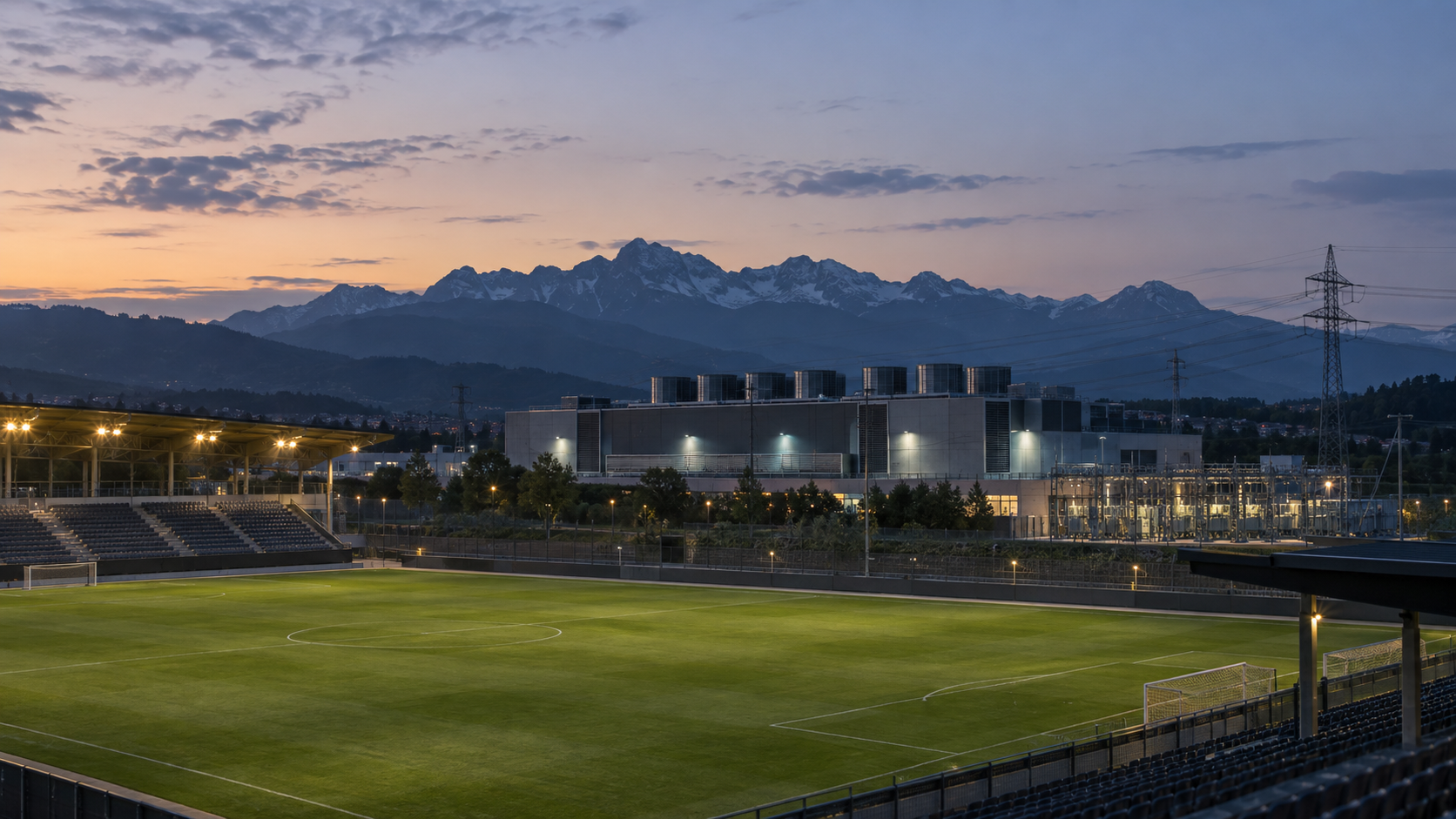 Rechenzentrum und beleuchtetes Fußballstadion vor einer Alpenkulisse in der Abenddämmerung